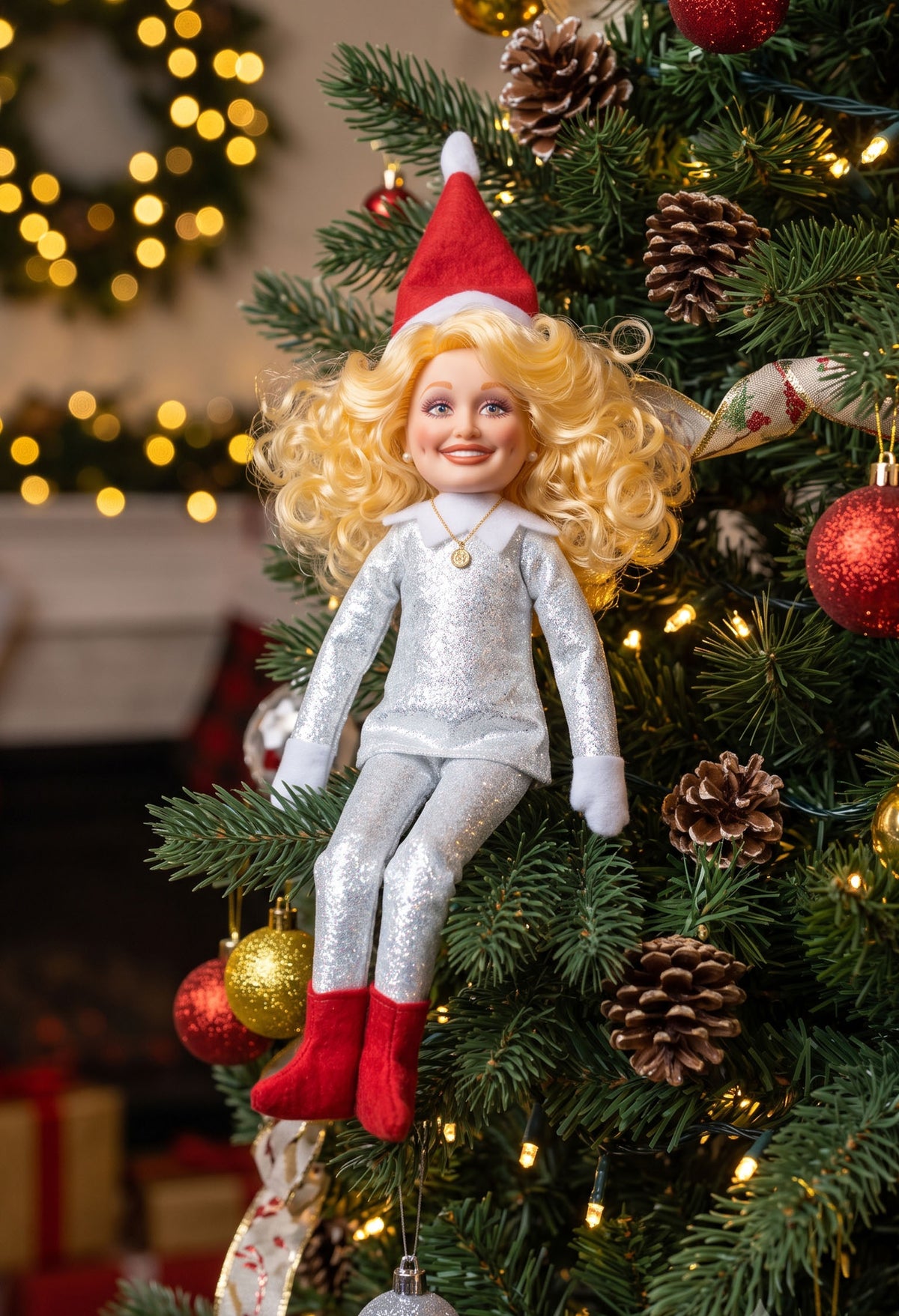 Sparkly silver Dolly Parton parody elf doll perfect for country music holiday decor.