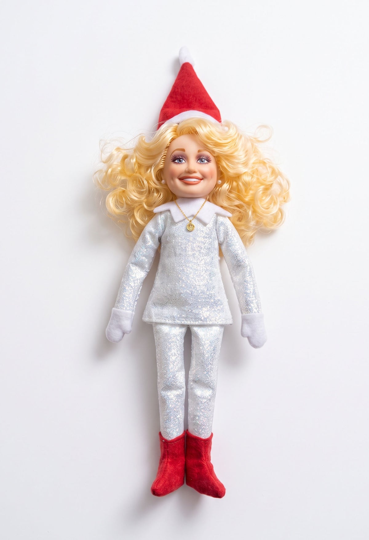 Sparkly silver Dolly Parton parody elf doll perfect for country music holiday decor.