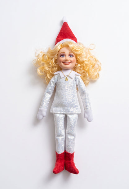 Sparkly silver Dolly Parton parody elf doll perfect for country music holiday decor.