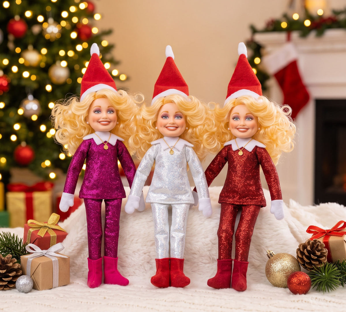 Three Dolly Parton - The Country Elf parody dolls in sparkly pink, silver, and red outfits displayed in a festive Christmas setting with a lit tree and holiday presents.